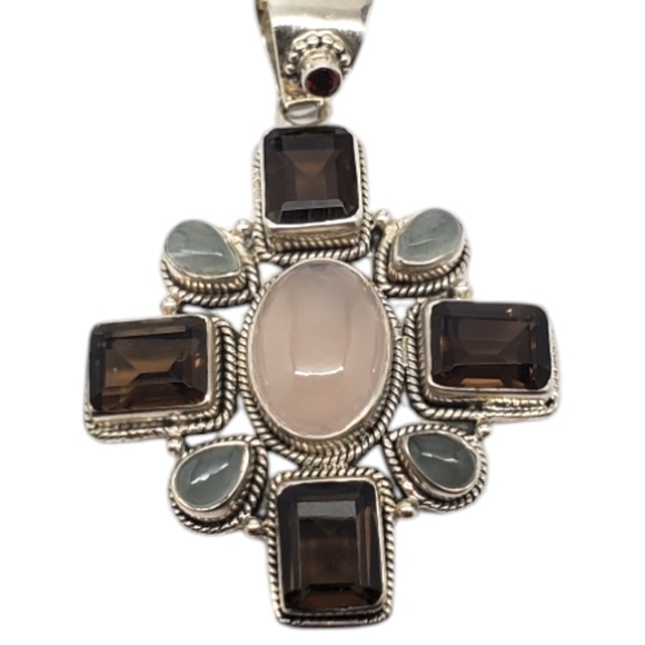 India Sterling Silver Rose Quartz Maltese Cross Pendant #20741 - Picture 1 of 10